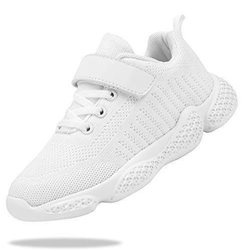 Shoful Weiß Sportschuhe Kinder Jungen Kinderschuhe Mädchen Turnschuhe Laufschuhe Atmungsaktiv Schule Sneaker Leicht Fitnessschuhe Klettverschluss Hallenschuhe 26 EU von Shoful