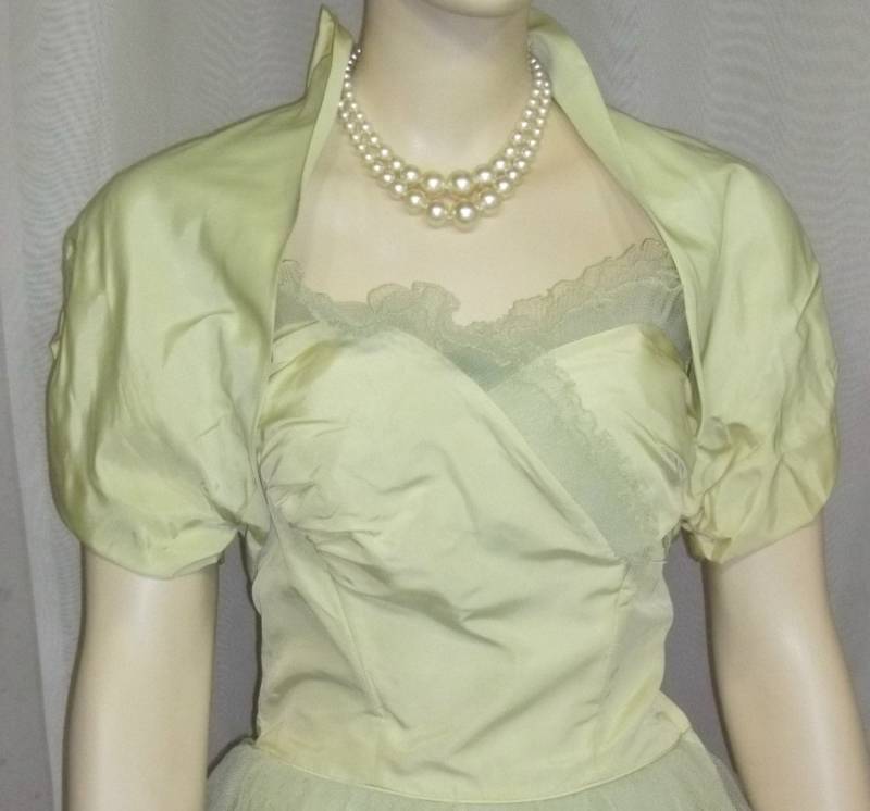 Vintage 1950Er Tüll Spitze Trägerlose Bombshell Prom Party Kleid Grün Bolero 50Er Jahre Full Circle Rock Klein von ShonnasVintage
