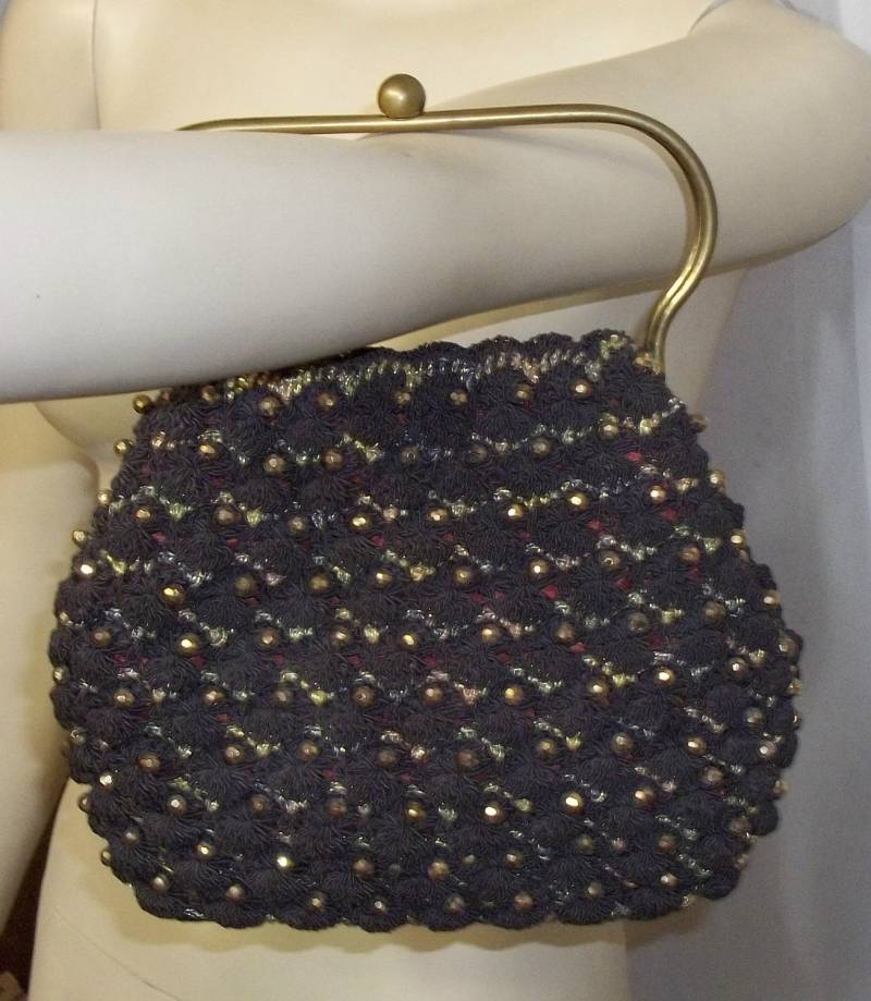 Vintage Dunkelbraun Gehäkelte Hobo Boho Perlentasche Handtasche Tasche Clutch von ShonnasVintage