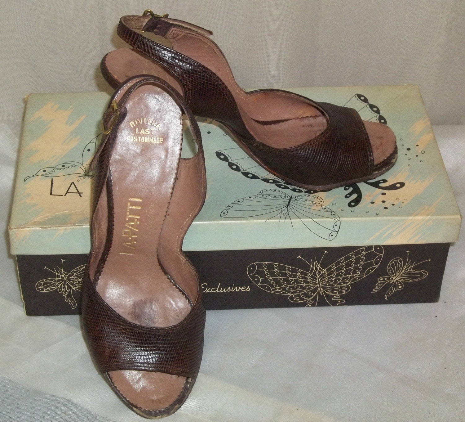 Vintage La Patti Eidechse Peep Toe Pumps 6 B Nach Maß Reptil Mit Box von ShonnasVintage