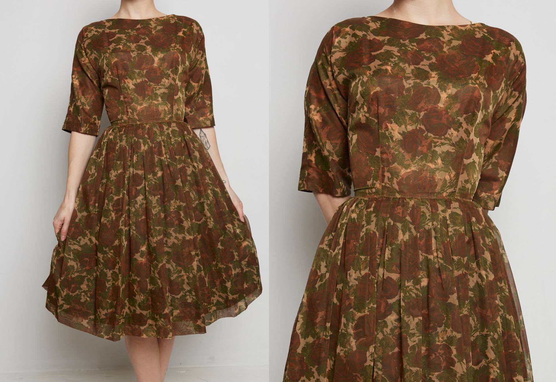 1950Er Jahre Braun Geblümten 3/4 Ärmel Kleid 1950Er Jahre Braun Geblümten 3/4 Ärmel Kleid von ShopAgrimony