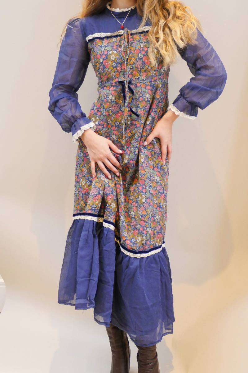 Vintage 1970Er Boho Prairie Maxi Kleid Erdbeere Print Kleine Spitze Samt Cottage Core Gunne Sax Inspiriert Puffärmel Langarm von ShopAuroraVintage