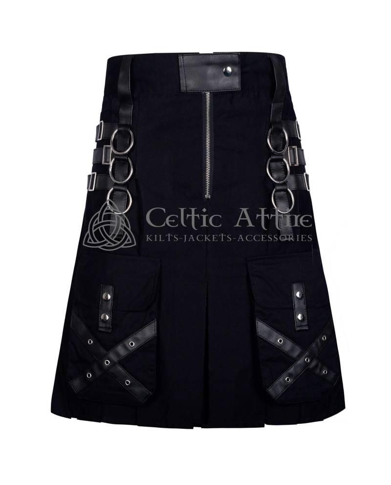 Schwarzer Baumwoll Kilt Gothic Thron Mit Lederriemen Und Patch Work - Maßgeschneiderter Cyber Punk Gen Z von ShopCelticAttire