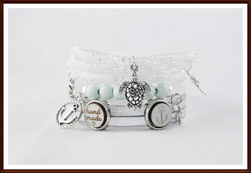 Set Armband Polarisperlen Matt Holz Cabochon Anker von ShopDanysDesign