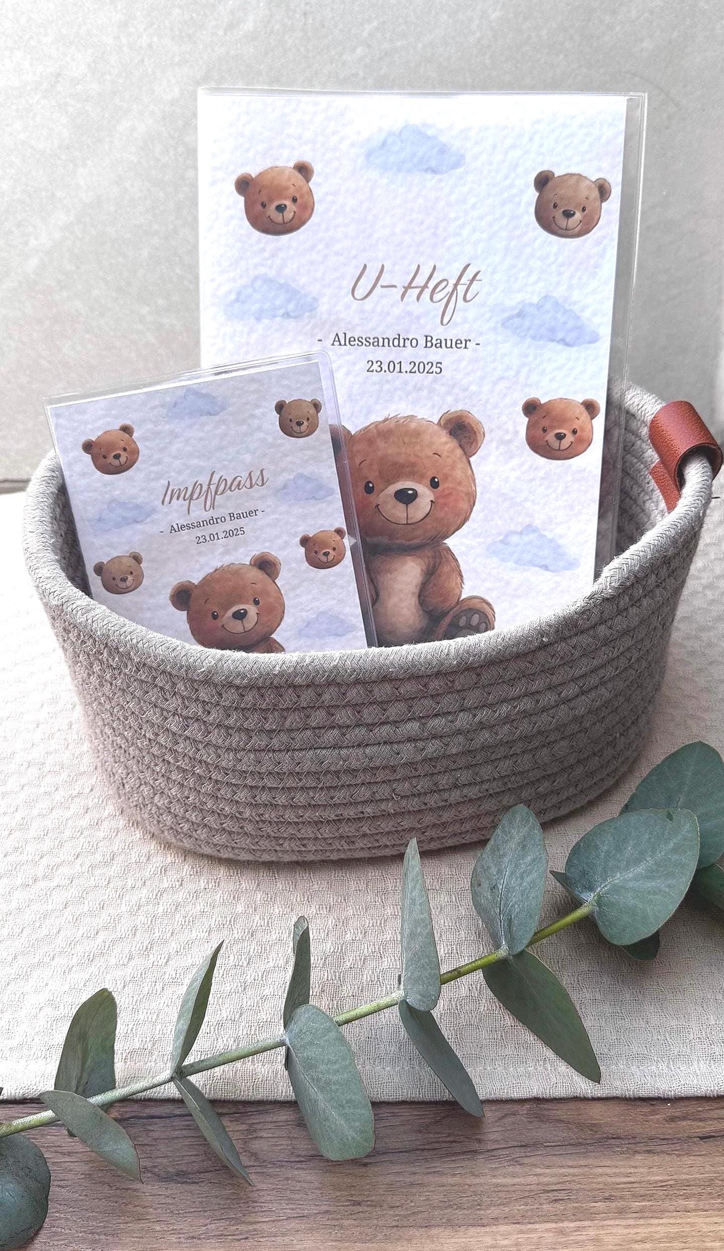 U-Heft | Zahnpass Impfpasshülle - Teddybär Personalisiert Mit Name & Datum Edles Gehämmertes Strukturpapier von ShopDecosphere