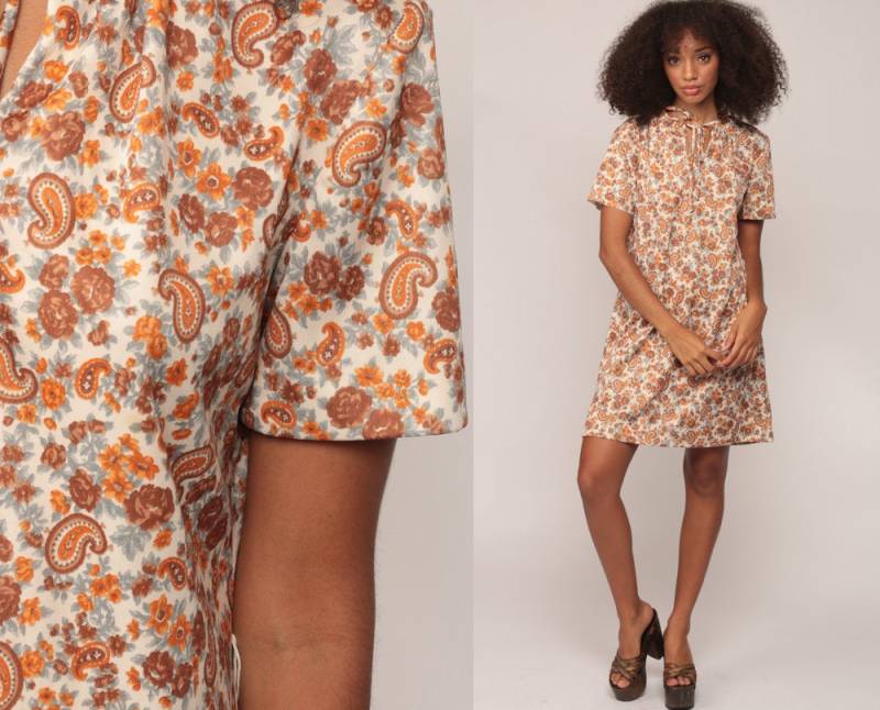 70Er Jahre Boho Kleid Mini Keyhole Shift Paisley Print 1970Er Kurz Arm Schleife Vintage Mod Retro Hippie Orange Braun Large von ShopExile