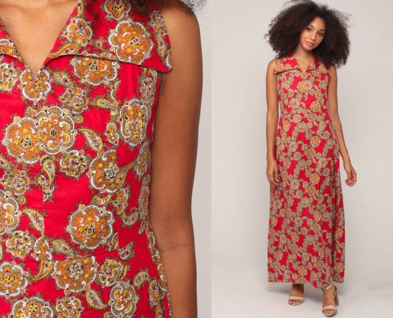 70Er Jahre Maxi Kleid Paisley Print Psychedelic Boho Hoch Taillierte 1970Er Hippie Vintage Seventies Ärmellos Rot Small Medium von ShopExile