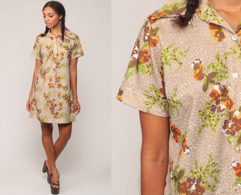 70Er Mini Kleid 60Er Shift Mod Floral Shirtkleid Hippie Boho Button Up Kurz Ärmel Vintage 1970S Flower Power Hellbraun Large von ShopExile