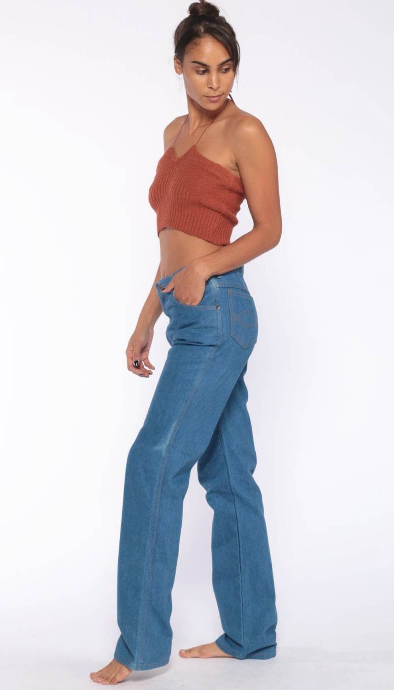 70S High Waisted Jeans Denim Hose Straight Leg Hippie Boho Blau 1970S Vintage Hipster Festival Small Xs 29 von ShopExile
