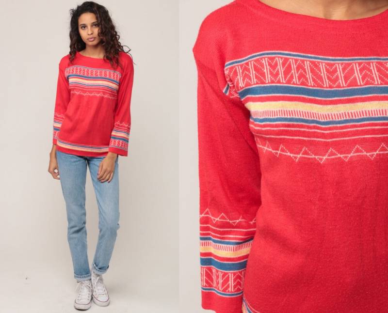 Boho Pullover Gestreifter 70Er Strickpullover 1970Er Jahre Roter Zig Zag Geometrisch Vintage Retro Small von ShopExile