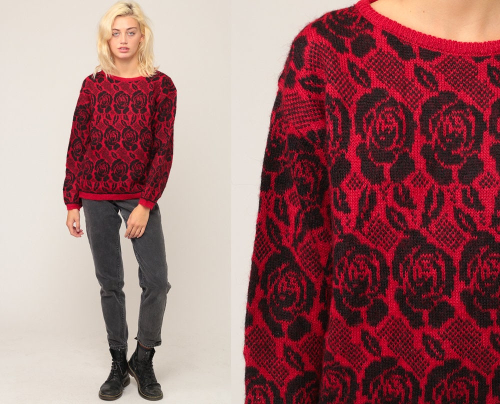 Floral Pullover Rot Wollpullover 80Er Jahre Boho Vintage Hippie Slouchy Retro Slouch Schwarz Rose Medium von ShopExile