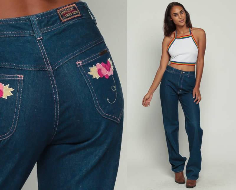 High Waisted Jeans 70Er Jahre Denim Hose Trauben Gerades Bein Obst Print Boho Hippie Baggy Dark Blue Western 1970Er Vintage Hipster Medium 28 von ShopExile