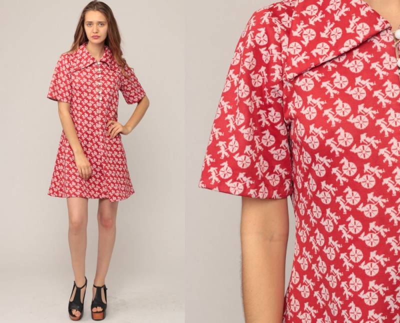Hippie Etuikleid Mini Rickshaw Print 70Er Jahre Boho Neuheit Print Kleid Vintage Button Up Rotes Minikleid Festival Dolly Large von ShopExile