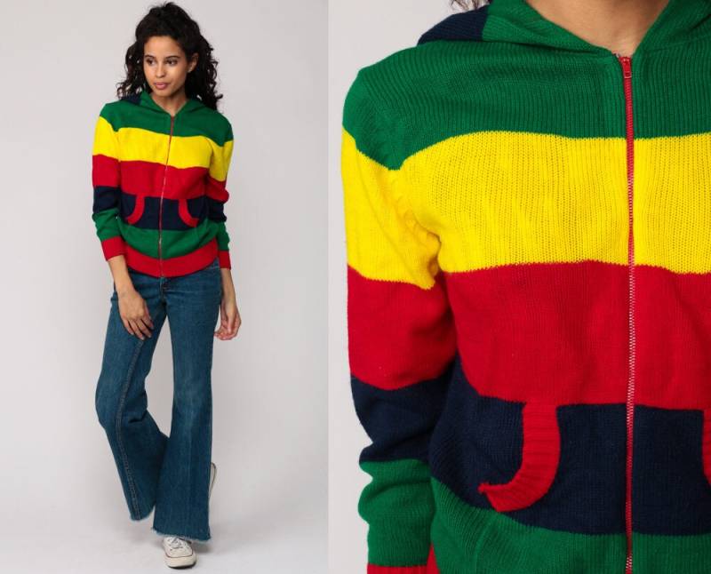 Kapuzenpullover Zip Up Hoodie Cardigan Gestreift Boho Hood 80Er Jahre Rot Grün Kängurutasche 1980Er Strick Vintage Retro Small Medium von ShopExile