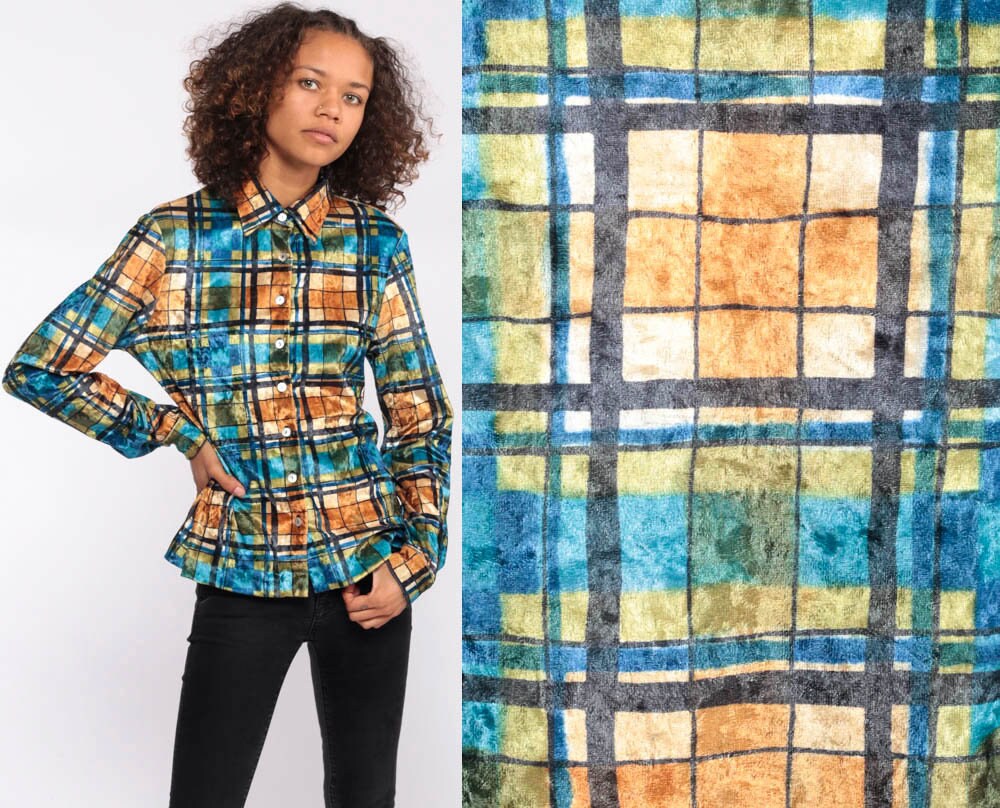 Kariertes Velvet Hemd 90Er Jahre Grunge Bluse Samt Button Up Top 1990S Vintage Langarm Blau Party Retro Small von ShopExile