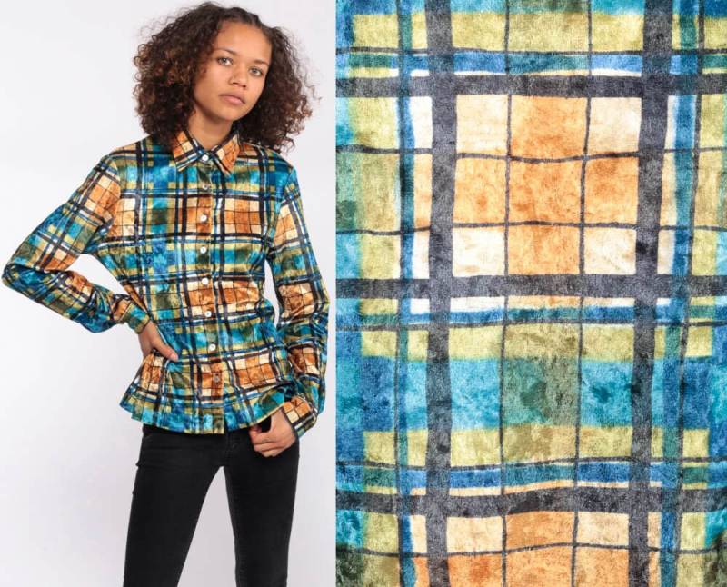 Kariertes Velvet Hemd 90Er Jahre Grunge Bluse Samt Button Up Top 1990S Vintage Langarm Blau Party Retro Small von ShopExile