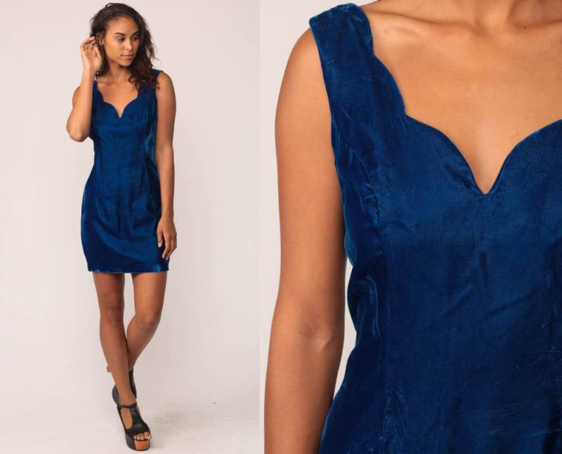Partykleid Blaues Samtkleid 90Er Jahre Bodycon Mini V Rückseite Cocktailparty Skalloped Etuikleid 80Er Body Con Grunge Vintage Ärmelloses Medium von ShopExile