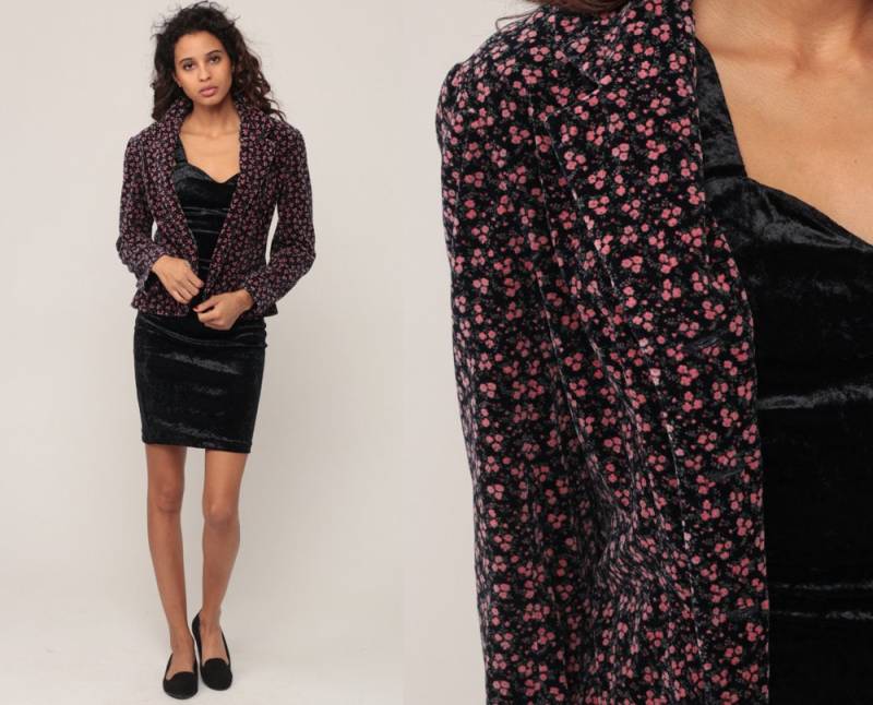Samt Blazer Jacke 80Er Jahre Floral Boho Vintage 70Er Hippie Frauen Hipster Mantel Schwarz Pink Extra Small Xs von ShopExile