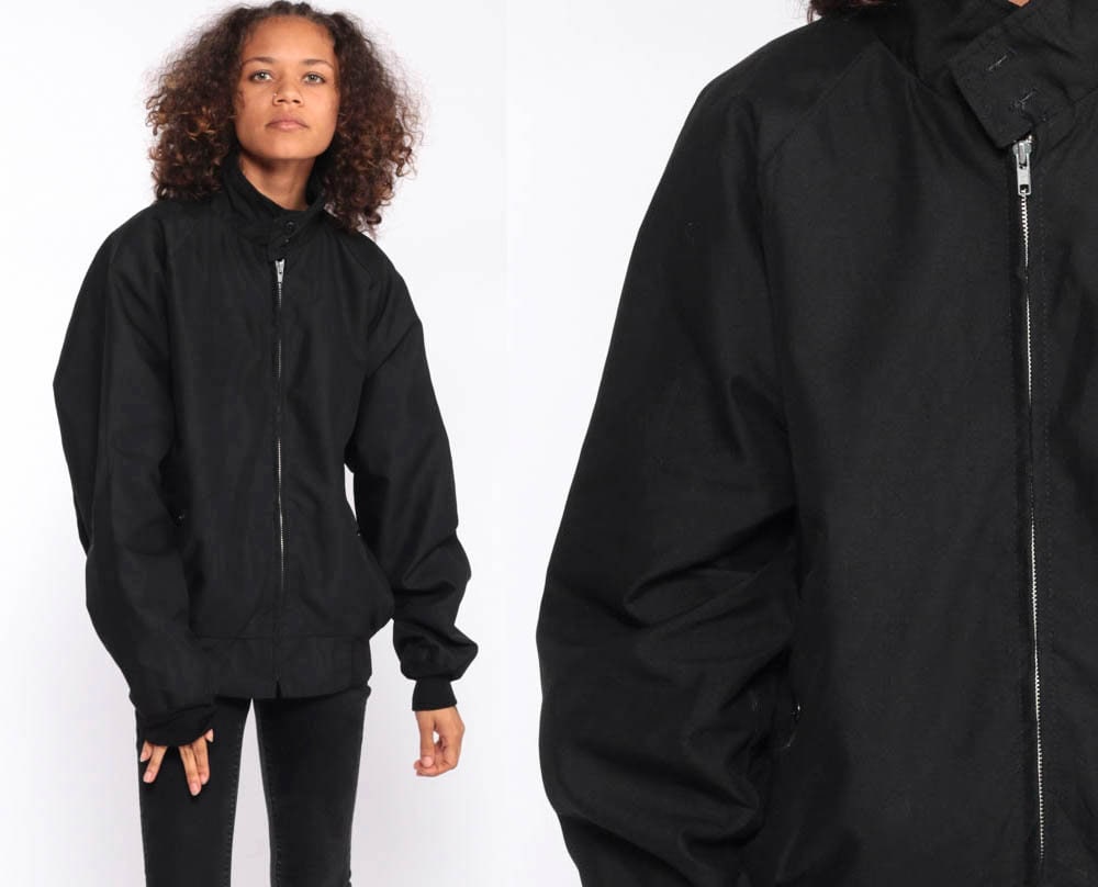 Schwarze Bomberjacke Kariertes Futter Cafe Racer Jacke 80Er Windbreaker Moto Vegane Hipster Mantel Vintage 1980S Extra Large Xl von ShopExile