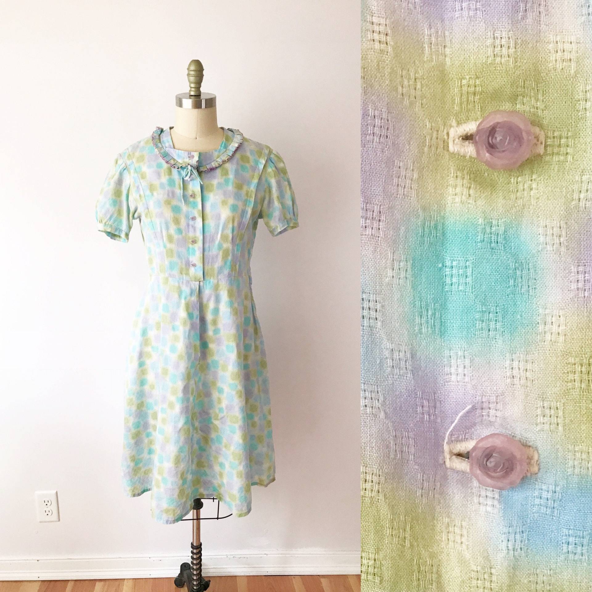 Größe M 60Er Vintage Pastell Splotch Day Kleid - A Line Floral Button Frühlingskleid Weich Gewebt Baumwolle Krawatte Dye Sommerkleid von ShopFoxburrow