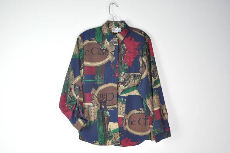 Vintage Karte Blusentop - Mittelgroß | 80Er 90Er Jahre Button Down Shirt Gemustertes Top Reise von ShopGoodWitch
