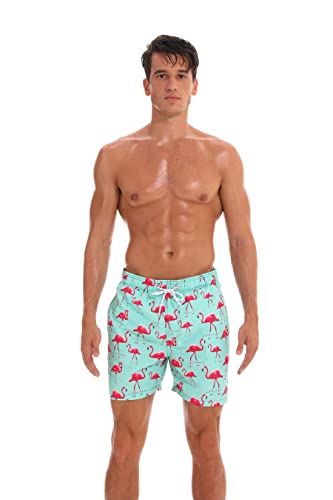 Badehose Herren Badeshorts Swim Shorts Surf Schnell Trocknend für Strand und Pool mit Mesh Futter Druck (Flamingos, S) von ShopINess