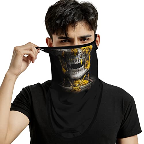 ShopINess Unisex Bandana Gesichtsmaske Schal Gesicht mit Ohrschlaufen Rave Sturmhaube Hals Gamaschen Staubtuch Waschbare Wind Motorrad Maske - Totenkopf (Gold) von ShopINess