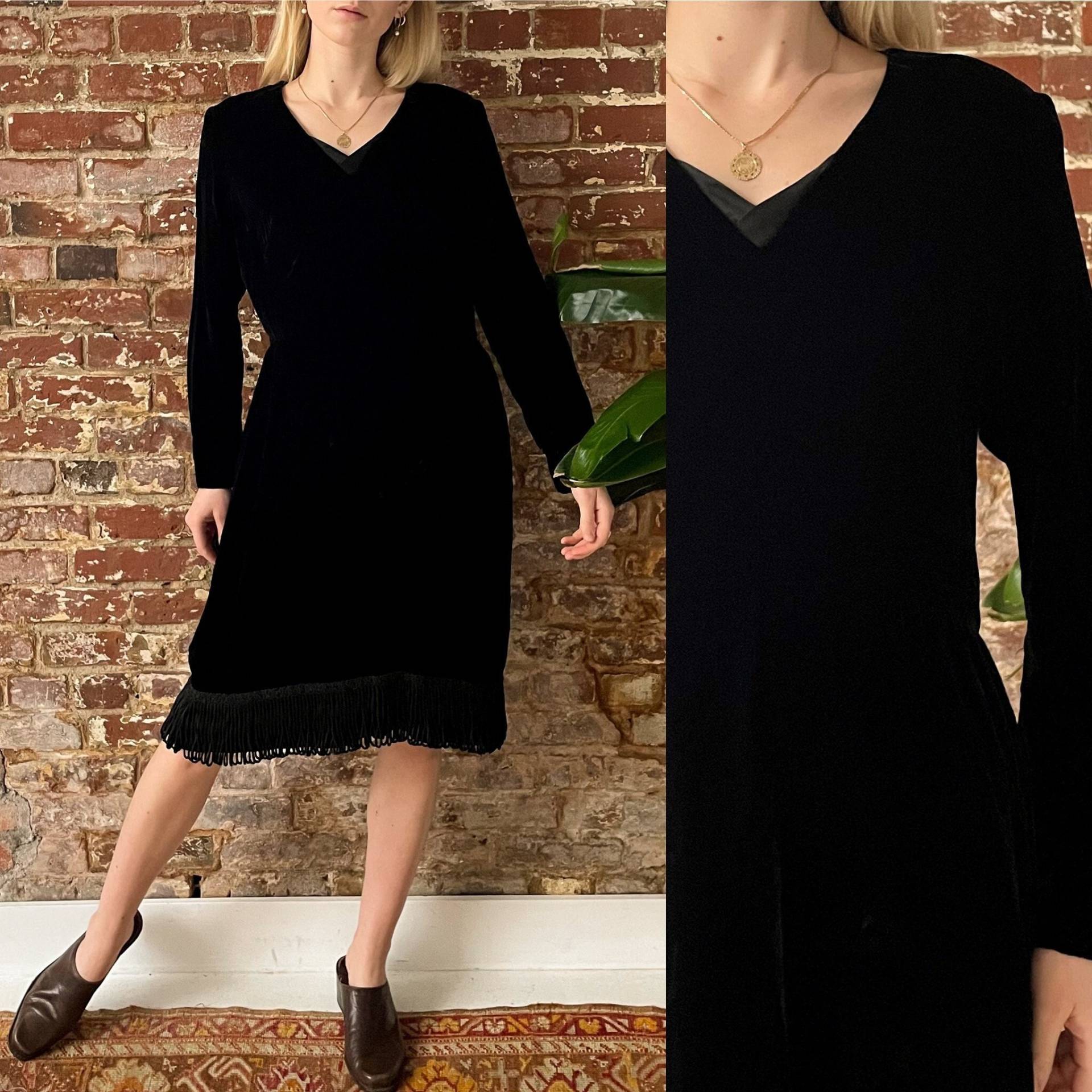 Vintage 60Er Jahre Samt Kleid Mit Quastensaum - Langarm Daymor Couture Union Made Medium 30 "W Vintage 60Er Jahre Samt Kleid Mit Quastensaum - Langarm Daymor Couture Union Made Medium 30 "W von ShopKoolThingVintage