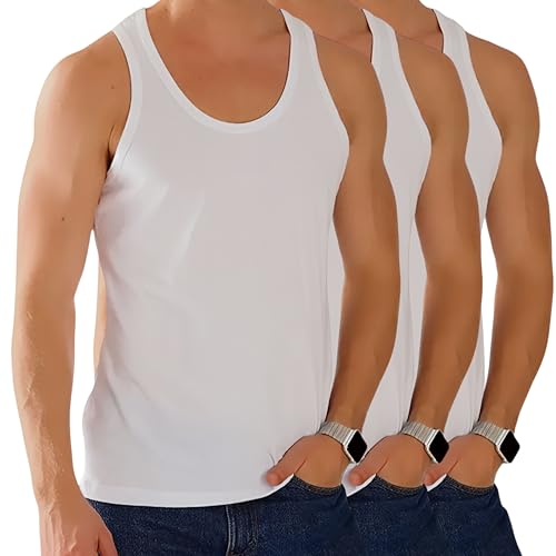 ShopMCR 3er Pack Herren Unterhemden 100% Baumwolle Ärmellos Tank Tops - Atmungsaktives Gym Unterhemd Einfarbig Sommer Workout Top S bis 4XL, weiß, L von ShopMCR
