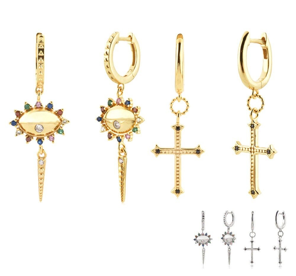 Kreuz Regenbogen Cz Tropfen Ohrring - Gold Pendientes Piercing Lange Kette Frauen Hochzeit Schmuck Geschenk 925 Sterling Silber von ShopOfTheCross