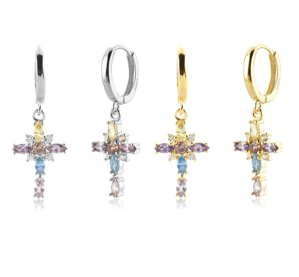 Regenbogen Cz Cross Drop Ohrring - Luxus Kristall Damen Schmuck Geschenk 925 Sterling Silber Piercing 2021 Loops Rock Punk von ShopOfTheCross