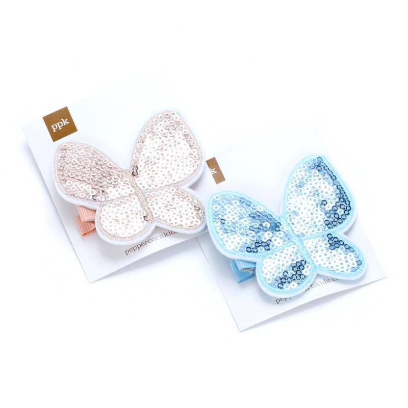 Mädchen Pailletten Schmetterling Haarspange 2Er Set - Pfirsich Rosa/Blau von ShopPeppercornKids