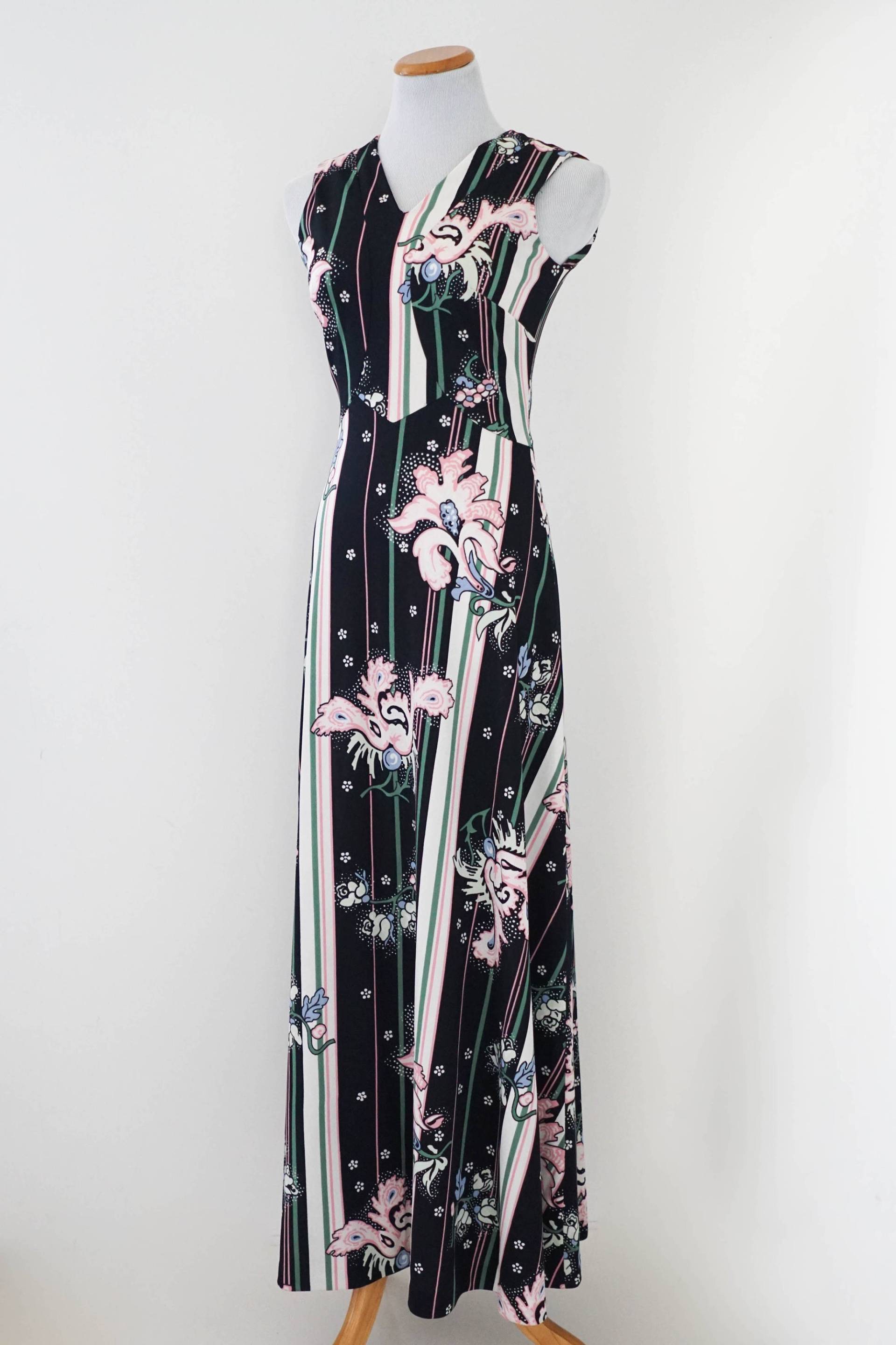 Vintage Kleid/60Er Jahre Floral Print Gestreiftkleid Boden Länge Ärmelloses Formale Frühling Kleider von ShopTheUsual