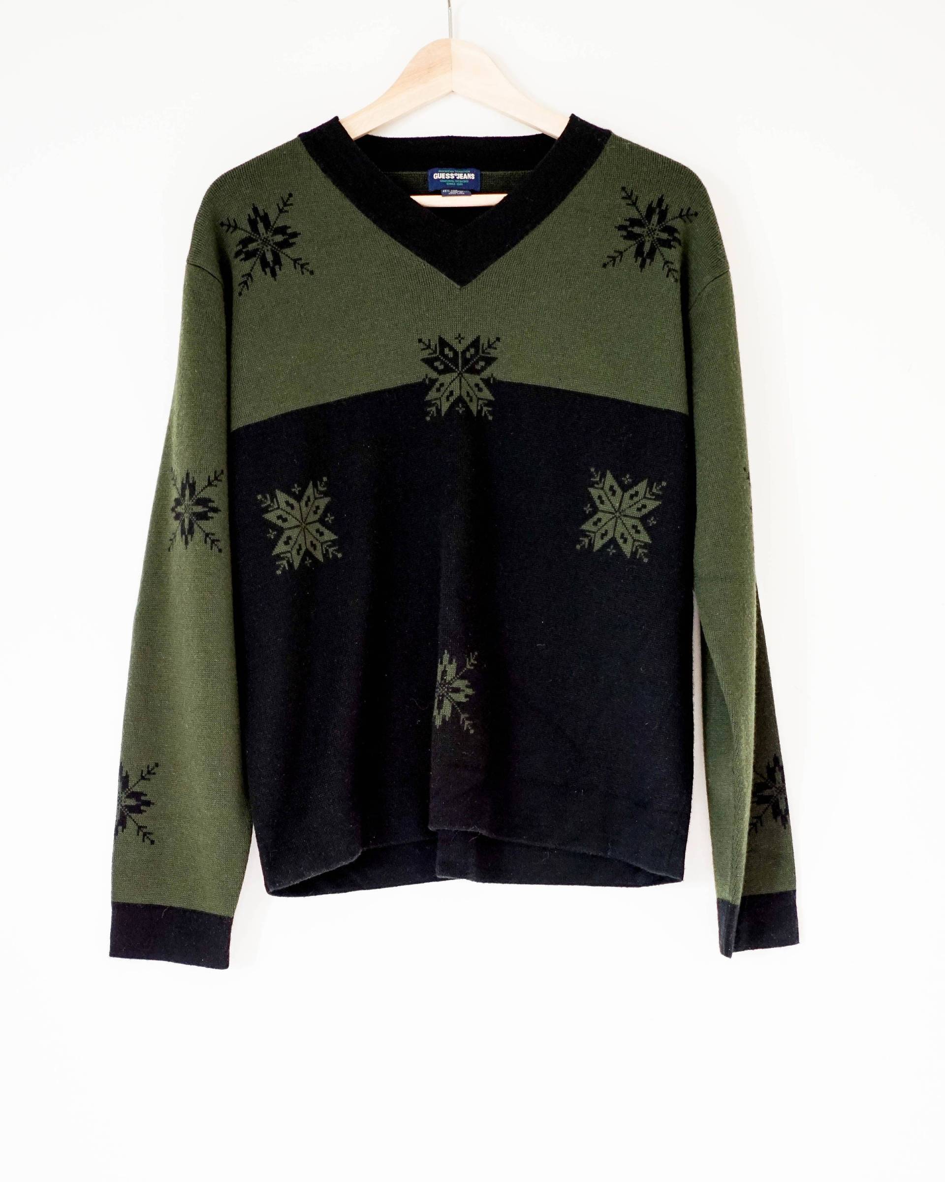 Vintage Pullover/Kleidung Guess Grün Und Schwarz Schneeflocke 90Er Jahre Stricken von ShopTheUsual