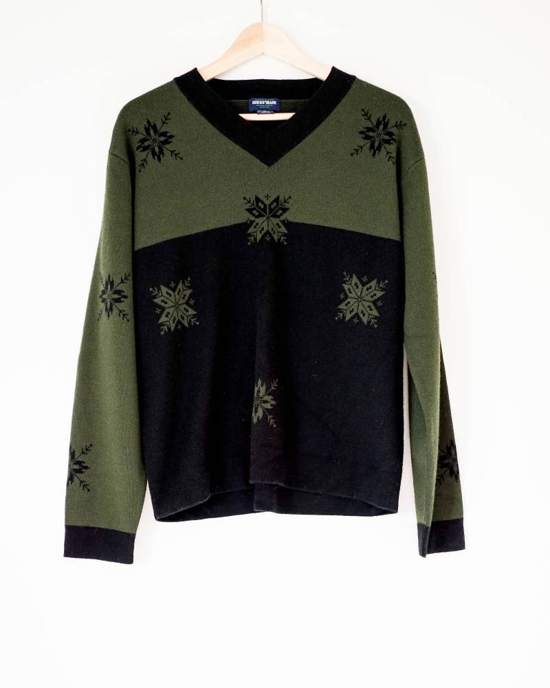 Vintage Pullover/Kleidung Guess Grün Und Schwarz Schneeflocke 90Er Jahre Stricken von ShopTheUsual