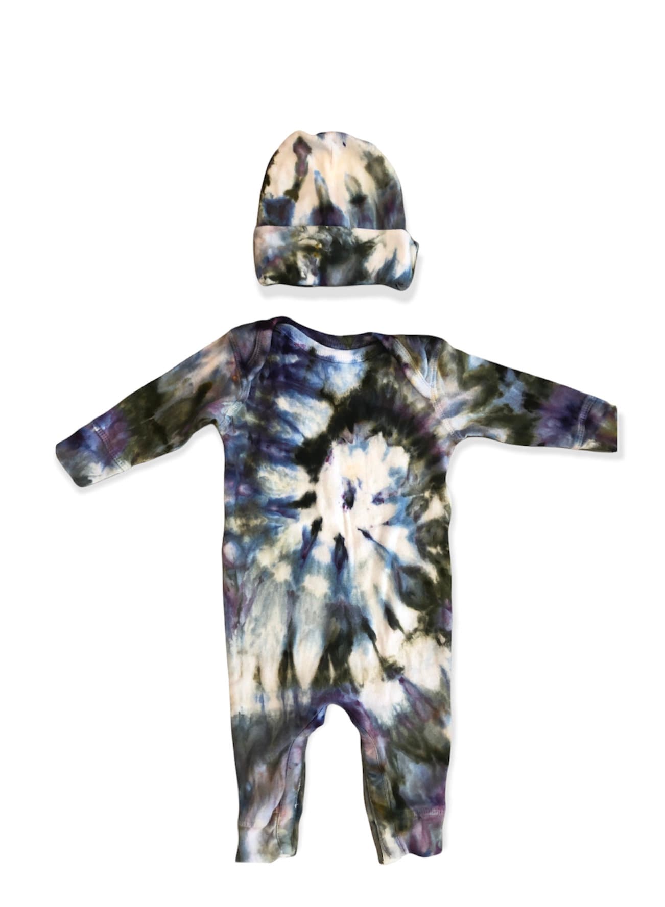 Lavender Ice Dye Baby Ls Union Anzug + Mütze Set | Tocayo Hand Tye Gefärbter Schlafanzug Lila Salbeigrün von ShopTocayo