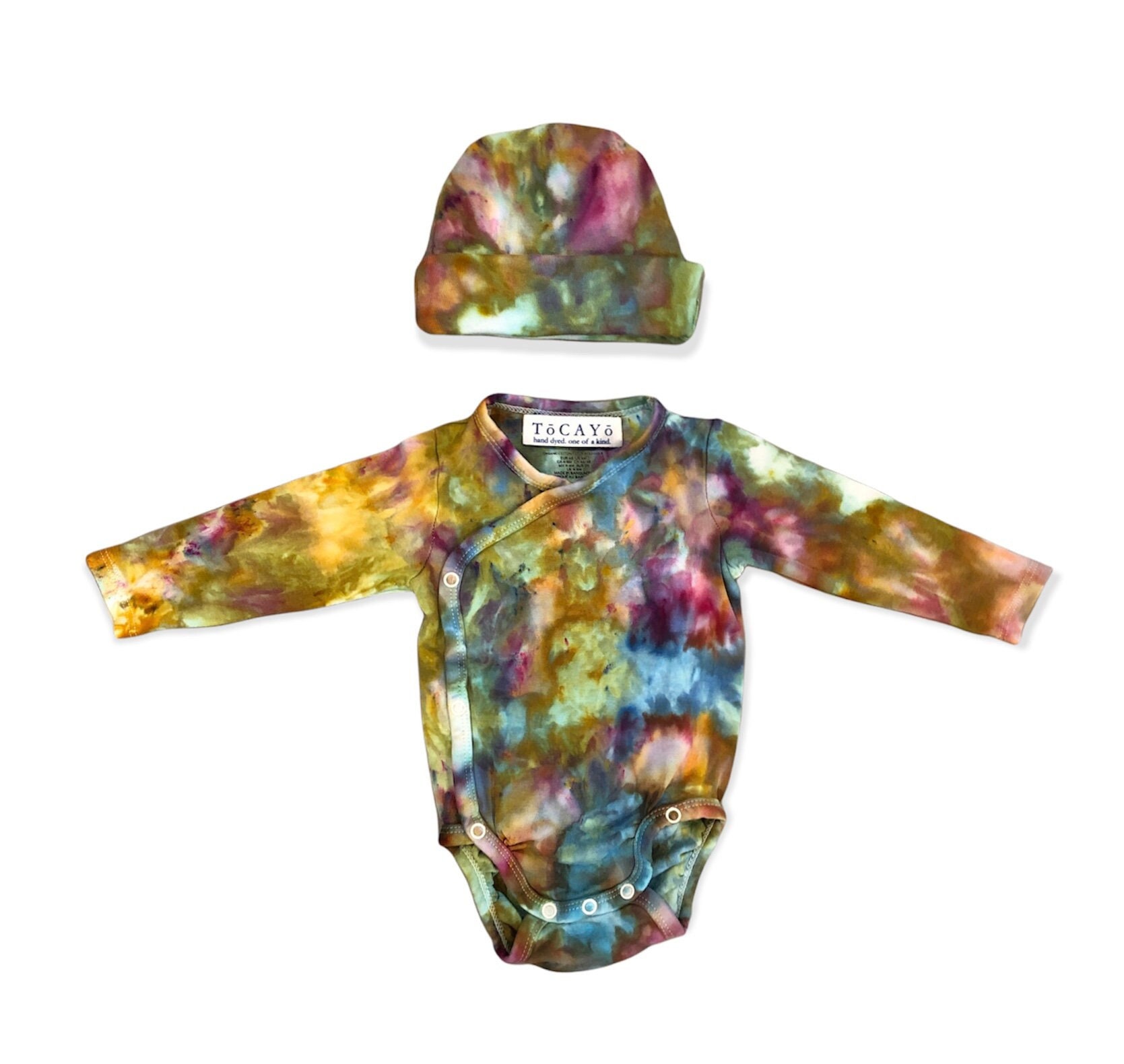 Ojai 2-Teiliges Batiken Kimono Set 3-24M | Ls Baby Wickelbody + Mütze Tocayo Handeisgefärbter Regenbogen Baumwolle Säugling 2 4 6 9 12 18 24 Monate von ShopTocayo