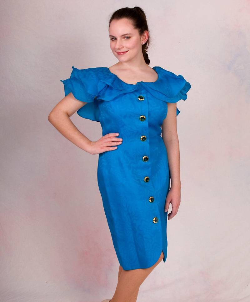 Jahrgang Morton Myles Für Die Höhle 1980 Avantgarde Kobaltblau-Taste Bis Seide Bleistift-Kleid Mit Rüschen Groß von ShopTreasureTrove