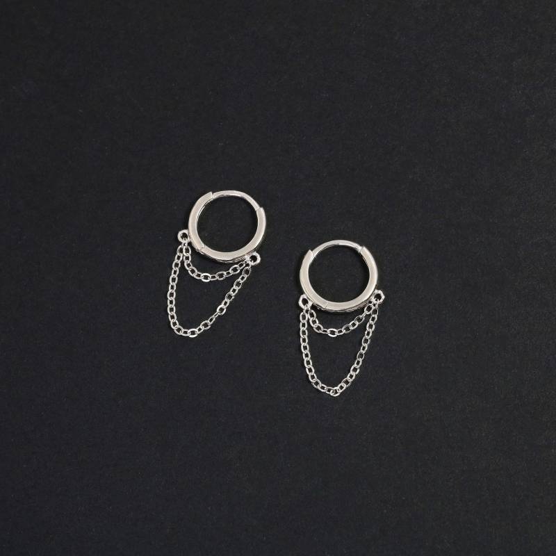 Double Chains Hoop Earring, Chained Silver Earrings, Huggie Hoops With Chains, Dangling Chain Huggie Hoop, Stacking Earring von AlinaChicJewelry