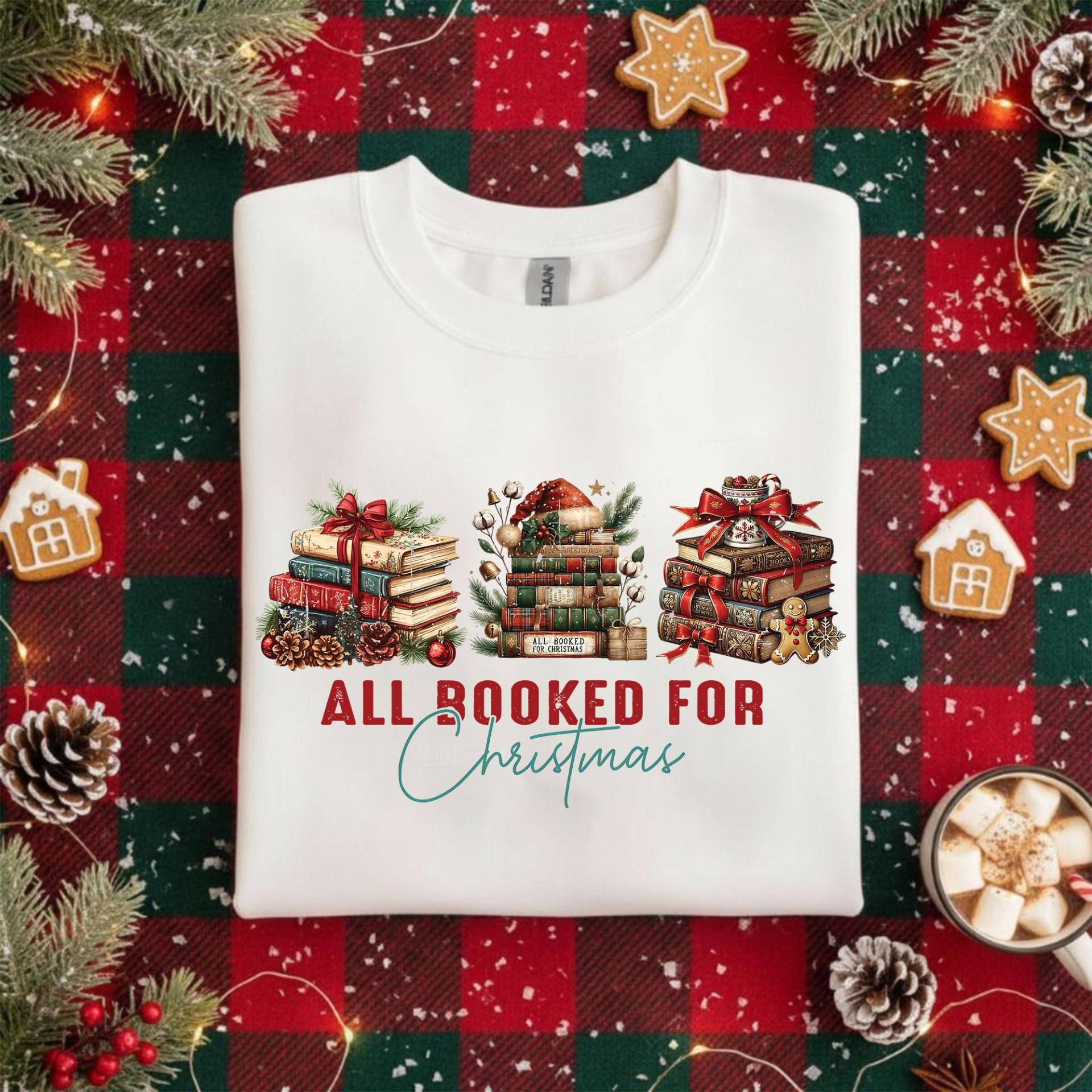 All Booked For Christmas Shirt, Lustiges Bücher Weihnachten T-Shirt, Leser Sweatshirt, Geschenk Für Bücherliebhaber, Winter Leseoutfit von Shopbey