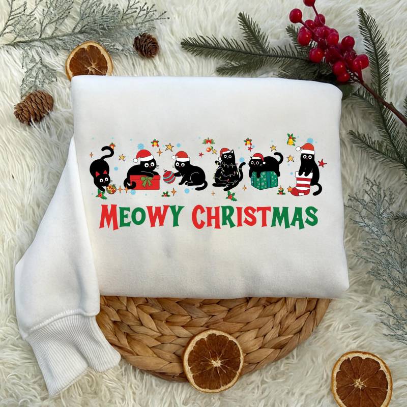 Meowy Christmas Shirt, Lustiges Katzen Weihnachts T-Shirt, Cat Lover Geschenk Sweatshirt, Schwarze Katze Weihnachten Kleidung von Shopbey