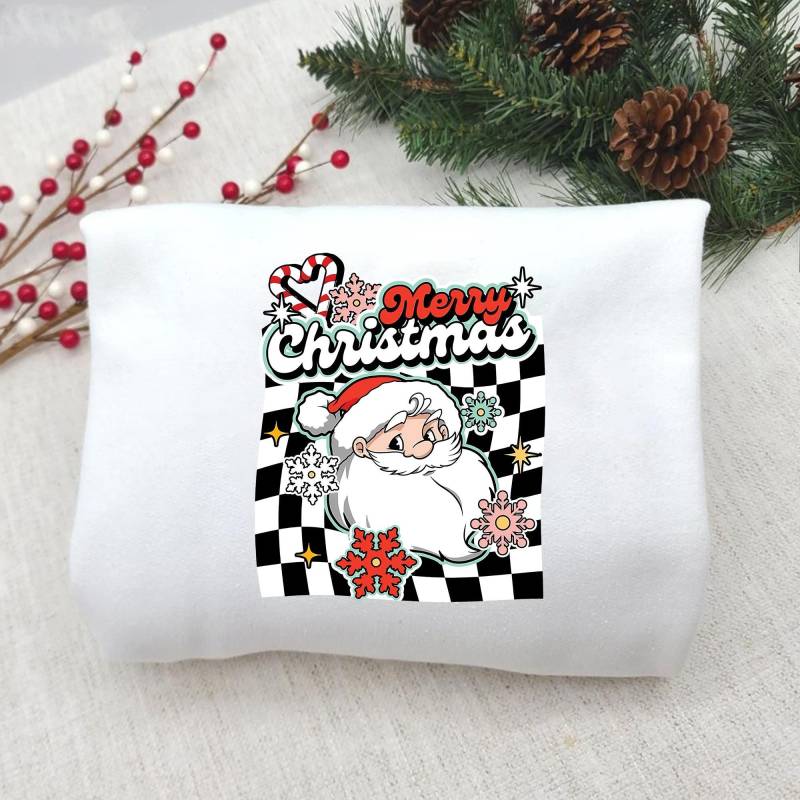 Merry Christmas Shirt, Santa Claus Checkered T-Shirt, Lustiges Weihnachts Sweatshirt, Retro Xmas Cartoon Design, Geschenk Damen Herren von Shopbey