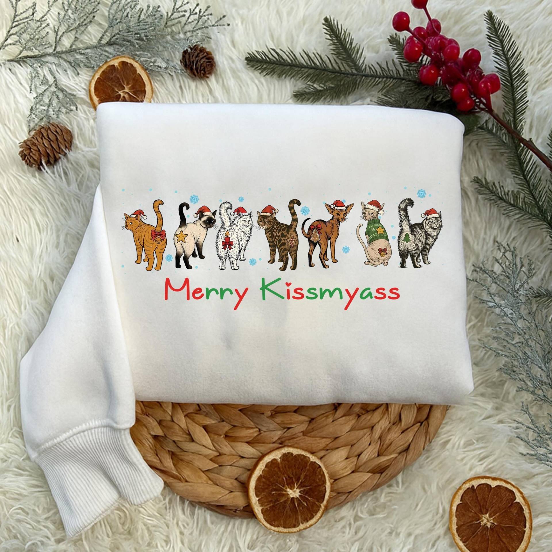 Merry Kissmyass Shirt, Lustiges Katzen Weihnachts T-Shirt, Katze Humor Sweatshirt, Geschenk Für Cat Lover Tierliebhaber Kleidung von Shopbey