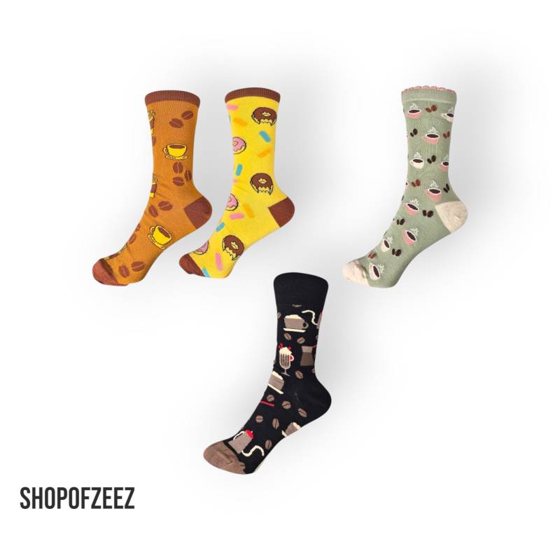 Bunte Kaffeemotiv-Socken - Lustige Baumwollsocken Mit Donut- Und Kaffeetassen-Print, Geschenkidee Für Kaffeeliebhaber von ShopofZeeZ