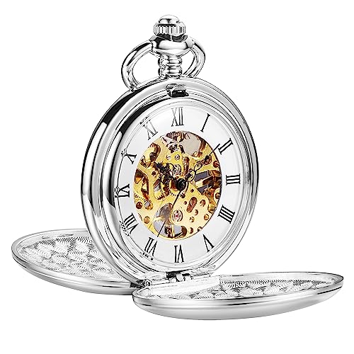 ShoppeWatch Taschenuhr mit Kette Herren Silber Ton | Taschenuhren für Herren | Mechanische Taschen Uhr Handaufzug | Steampunk Pocket Watch PW20 von ShoppeWatch