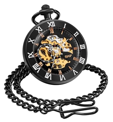 ShoppeWatch Taschenuhr mit Kette Herren | Taschenuhr Mechanisch Handaufzug | Offenes Zifferblatt Transparentes Uhrwerk, Taschen Uhr und Kette | Steampunk Kostümzubehör der1920er-Jahre PW11 von ShoppeWatch