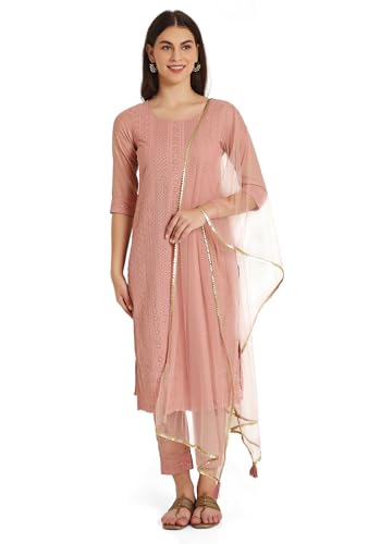 SHOPPING QUEEN Damen Seide Chikankari Kurta Hose Set mit Dupatta, Pfirsich, L von Shopping Queen