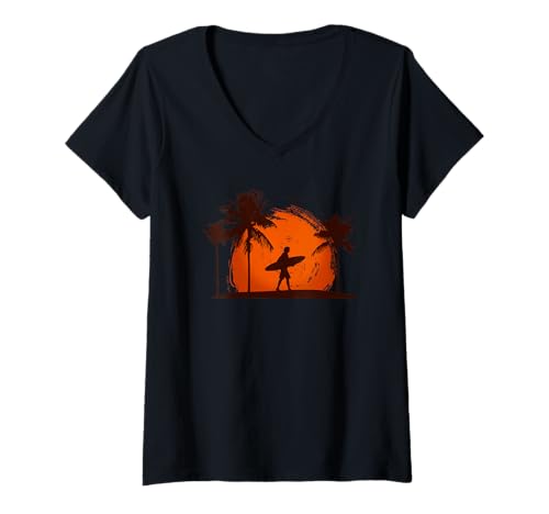Damen Sunset Surfer Stranddesign mit tropischem Flair T-Shirt mit V-Ausschnitt von Shoreline Drift Co.