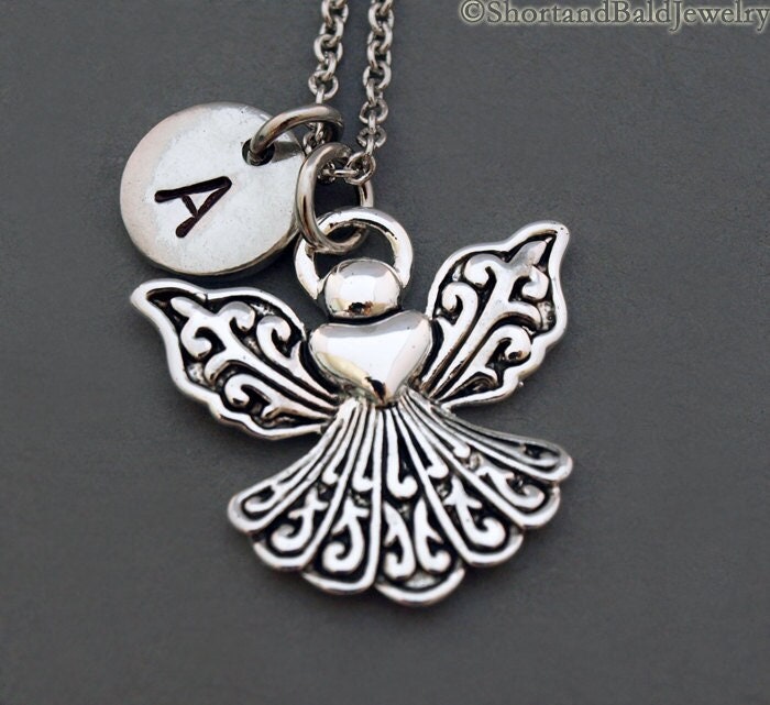 Engel Halskette, Charme, Silber Engelflügel, Erste Hand Gestempelt, Personalisiert, Antikes Silber, Monogramm von ShortandBaldJewelry