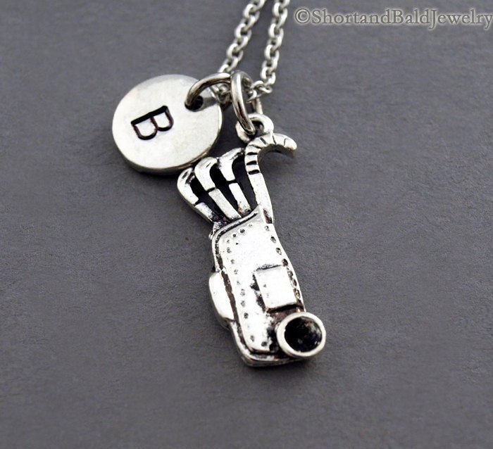 Golftasche Halskette, Charme, Golfschläger, Golferhalskette, Ursprüngliche Personalisiert, Antikes Silber, Monogramm von ShortandBaldJewelry